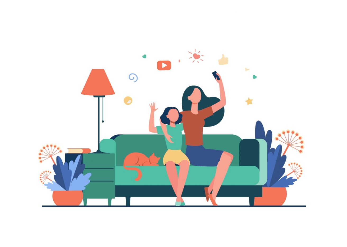 Mulher e criança usam as redes sociais no telemóvel